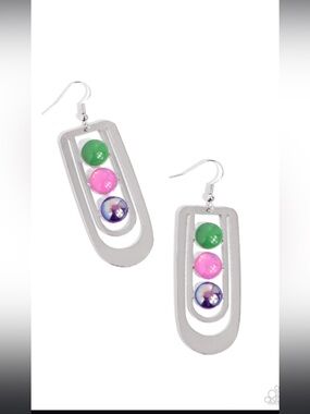 Contemporary Silver Drop Earrings with Green, Pink & Purple Accents